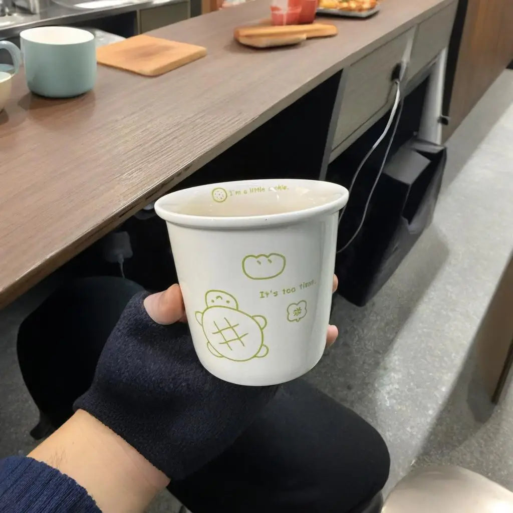 Ins little turtle holds a coffee cup in hand