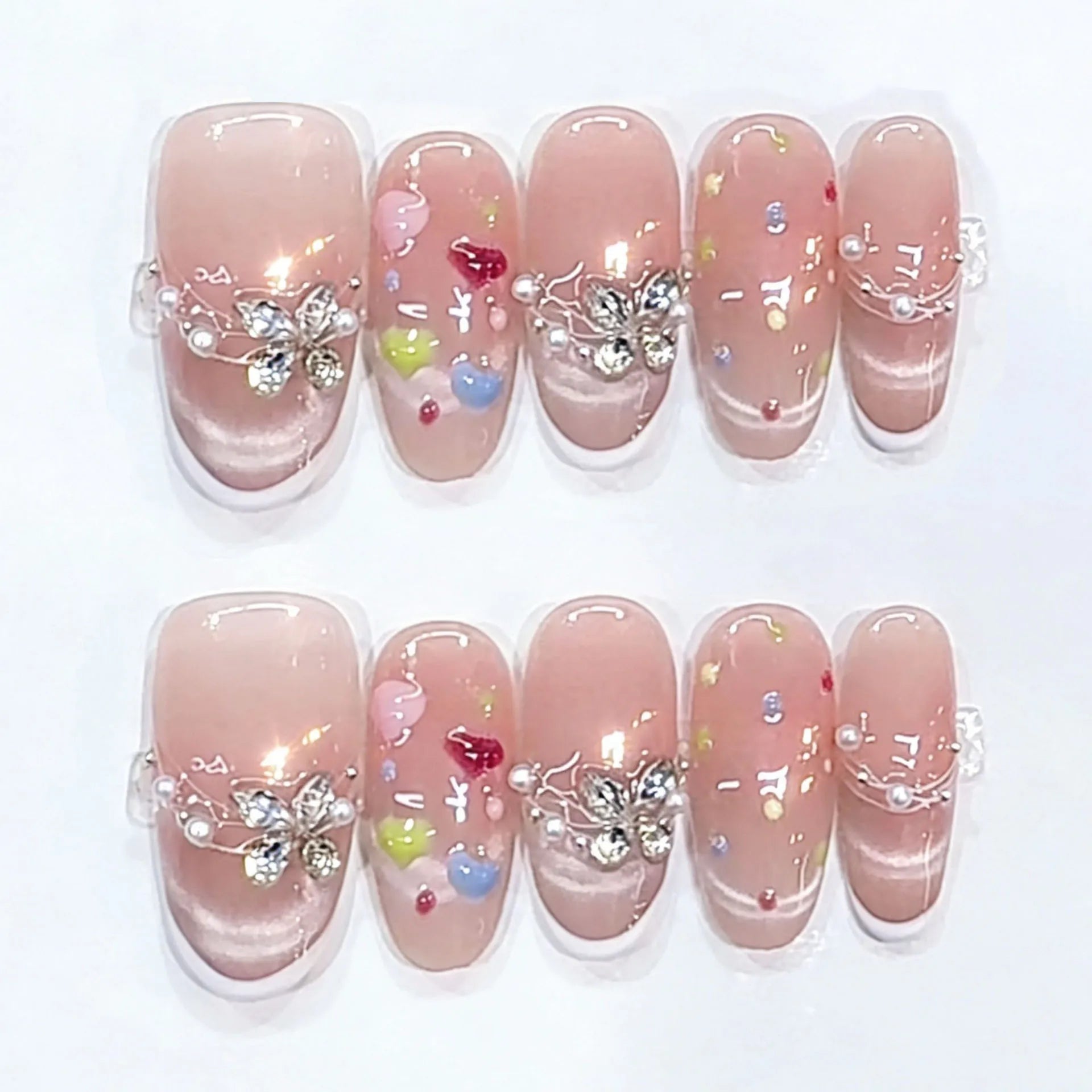 10pcs Purple Cat's Eye Handmade Fake Nails Tips Glitter Mid-length Oval Press on Nails Art Bow Rhinestone Design False Nail Sets