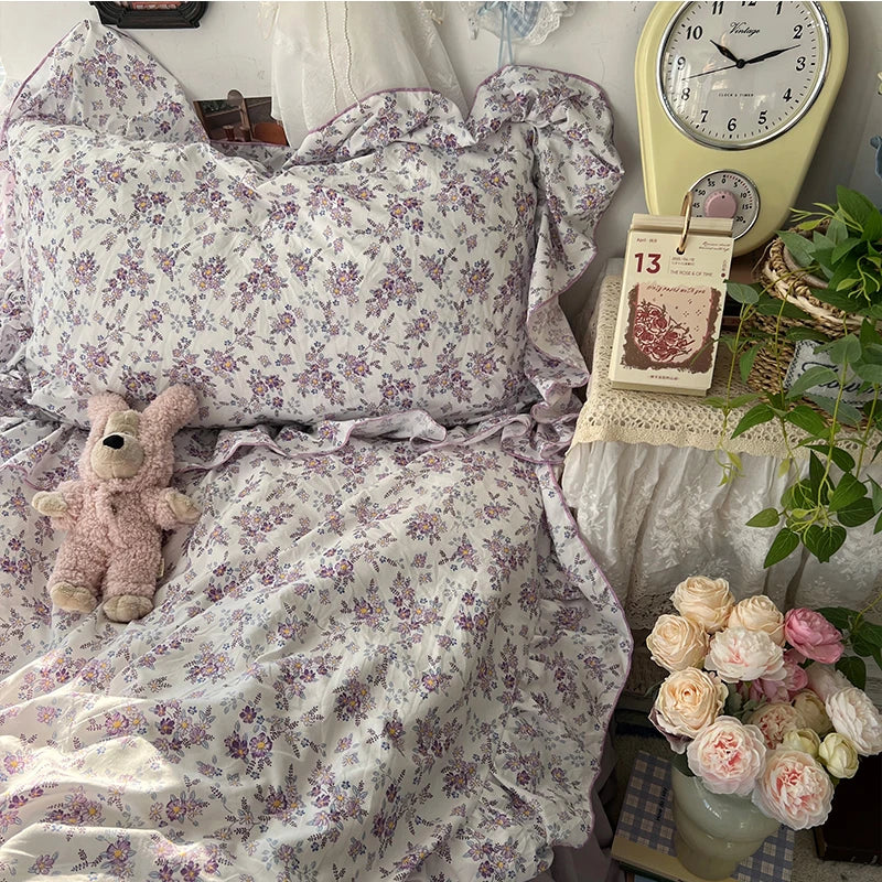 3/4Pcs Korean Princess Style Floral Ruffles Bedding Set Skin-friendly Soft Duvet Cover Set Bed Sheet Or Bed Skirt Pillowcases