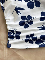 Ladies Beach Style Knitted Floral Print Halter Top Slim Fit Pleated Waist Youthful Vacation Top