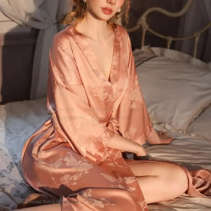 Luxury Jacquard Long Robe Nightgown Half Sleeve Kimono Bathrobe Gown Satin Ice Silk Sleepwear Home Dress Lounge Wear