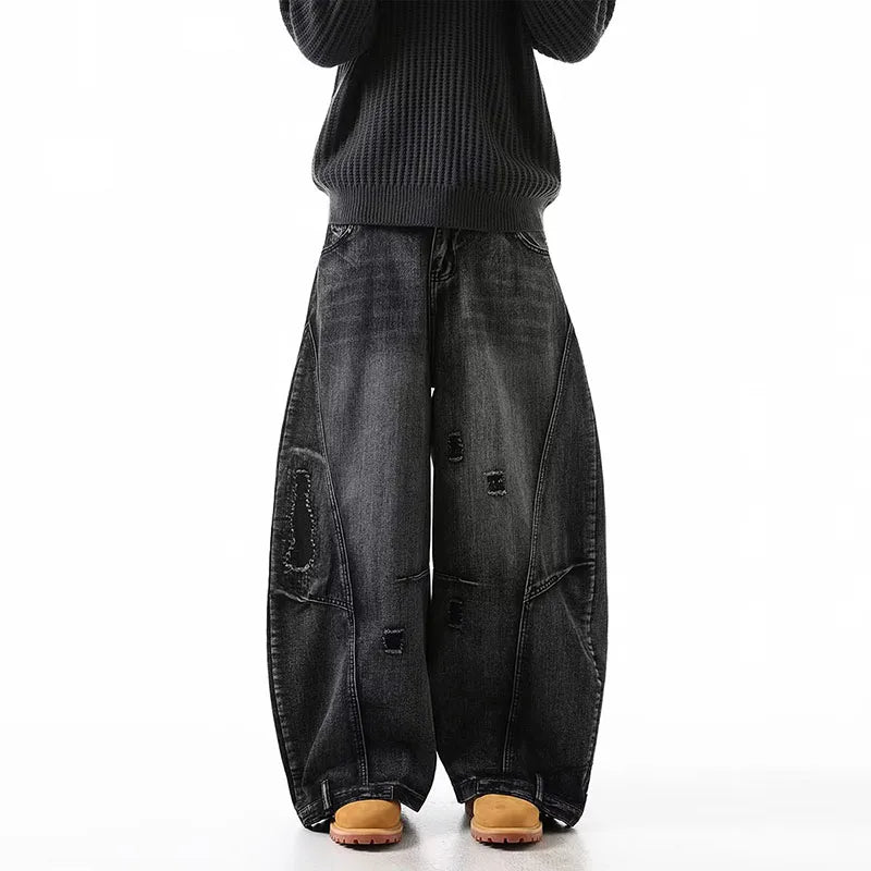 Korean Retro Plus Size Ripped Jeans Wide Leg Curved Pantsable Casual Loose Straight Leg Pants