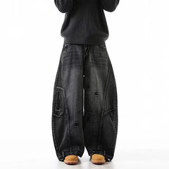 Korean Retro Plus Size Ripped Jeans Wide Leg Curved Pantsable Casual Loose Straight Leg Pants