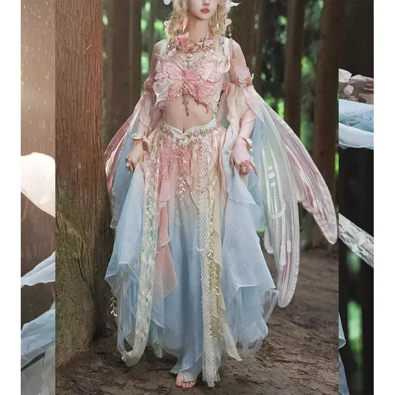 Pink Butterfly Theme Exotic Dunhuang Feitian Hanfu Western Ethnic Style Heavy Embroidery Fairy Suit Role-playing Costume
