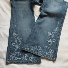 Solid Color Washed Geometry Floral Embroidery Element Baggy Wide-leg Jeans Commute Korean Style Straight-leg Jeans