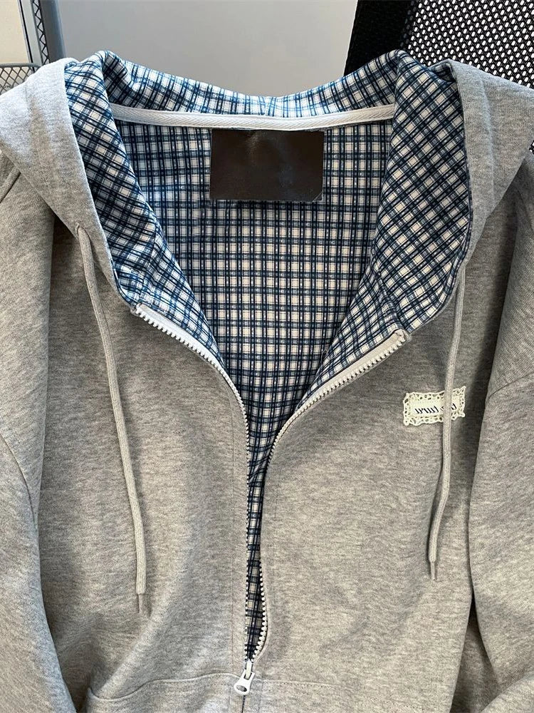 Jmprs Plaid Patchwork Vintage Hoodies Loose Preppy Style Gray Sweatshirts Fall Loose Long Sleeve Sweet Korean Tops