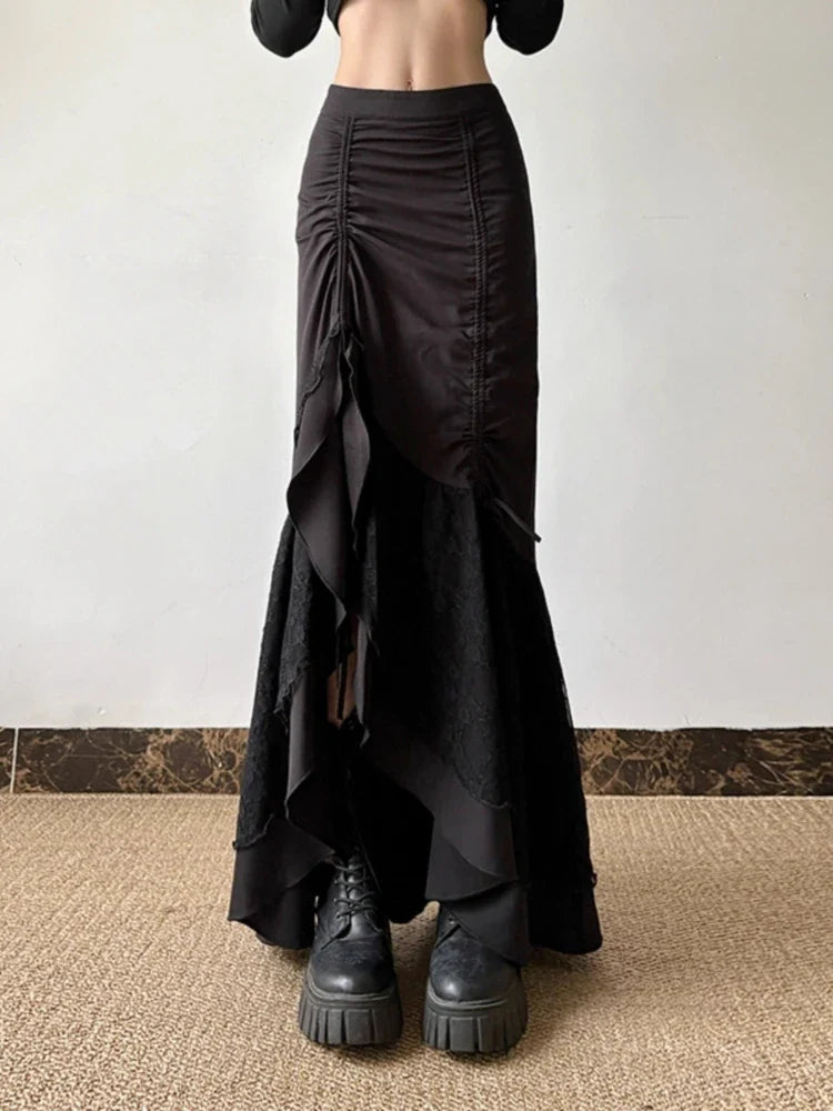 Y2k Spicy Girl Skirts Solid Color Lace Patchwork Draw String Irregular Long Skirt Harajuku Design Streetwear Clothing