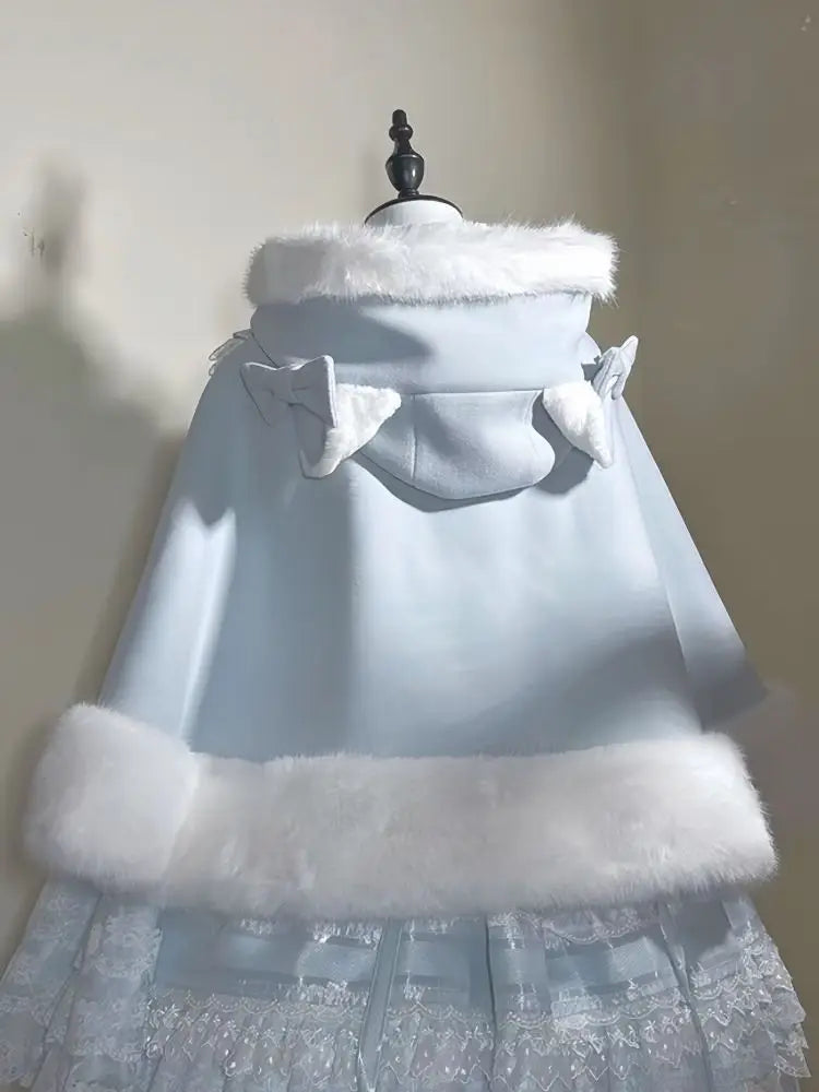 Lolita Shawl Overcoat Design Bow Hooded Patchwork Kawaii Cope Coat Warm Chic Sweet Fur Collar Coat