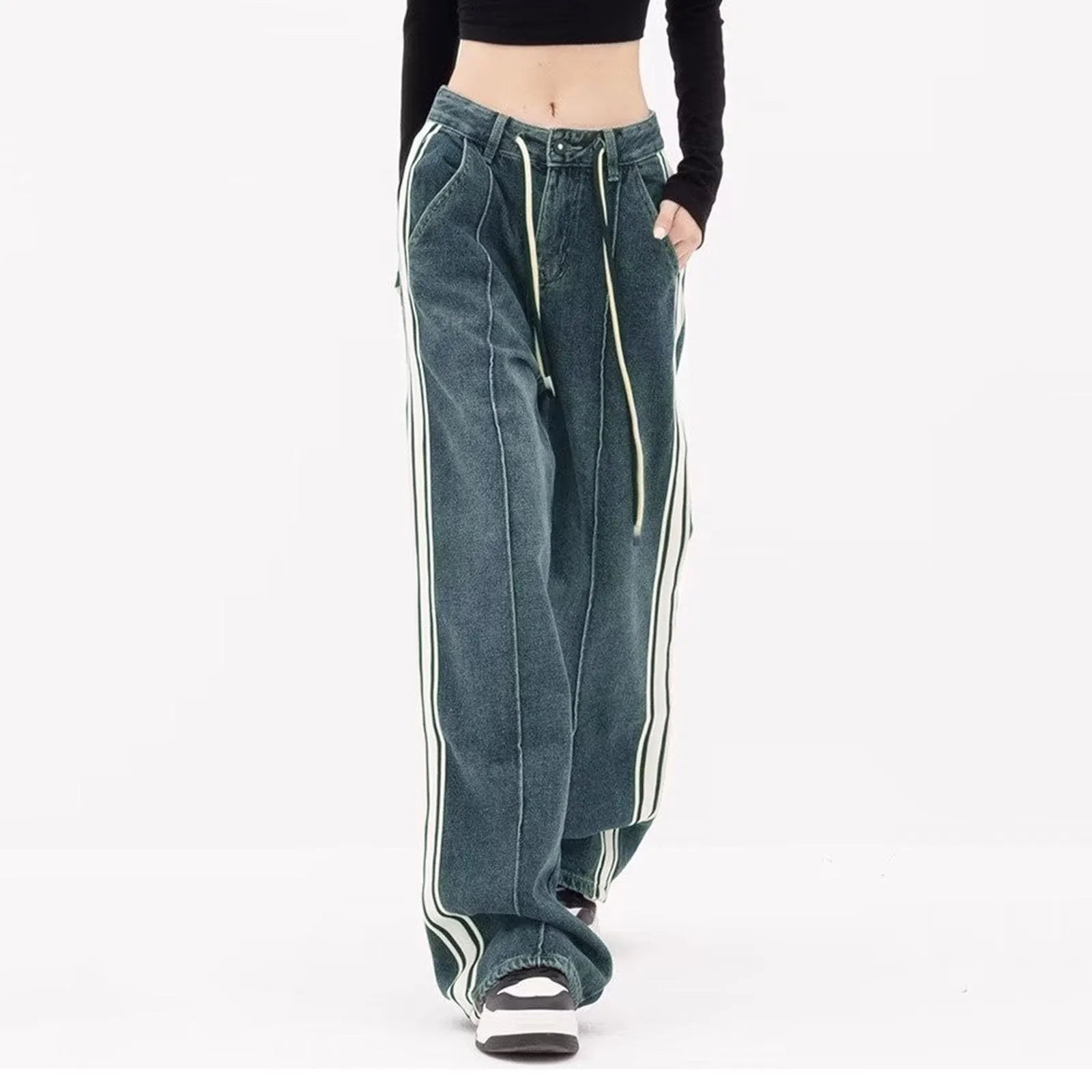 Trendy Denim Pants Striped Drawstring High Waist Jeans Harajuku Y2k Korean Style Vintage Loose Straight Rousers