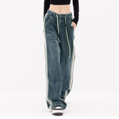 Trendy Denim Pants Striped Drawstring High Waist Jeans Harajuku Y2k Korean Style Vintage Loose Straight Rousers