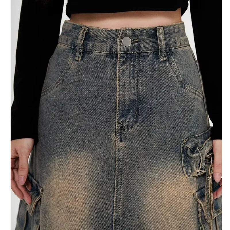 Y2k High Waist Denim Ankle Length Cargo Skirts Girls Robe Cool Wrap Dress Retro Blue A Line Long Jeans Skirts