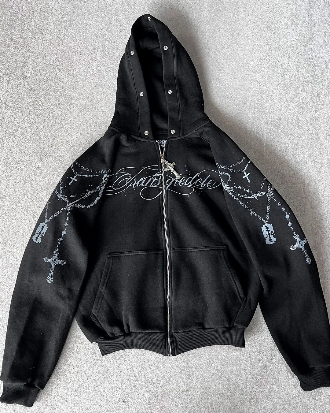 American Retro Rock Gothic Graphic Fur Collar Loose Zipper Sweatshirt Y2K Harajuku Punk Casual Joker Hoodie Streetwear