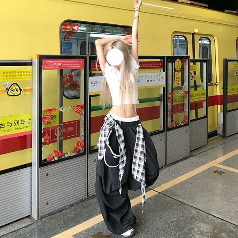 Y2K Black Cargo Pants Streetwear Plaid Patchwork Baggy Sweatpants Harajuku Wide Leg Joggers Korean Casual Trousers