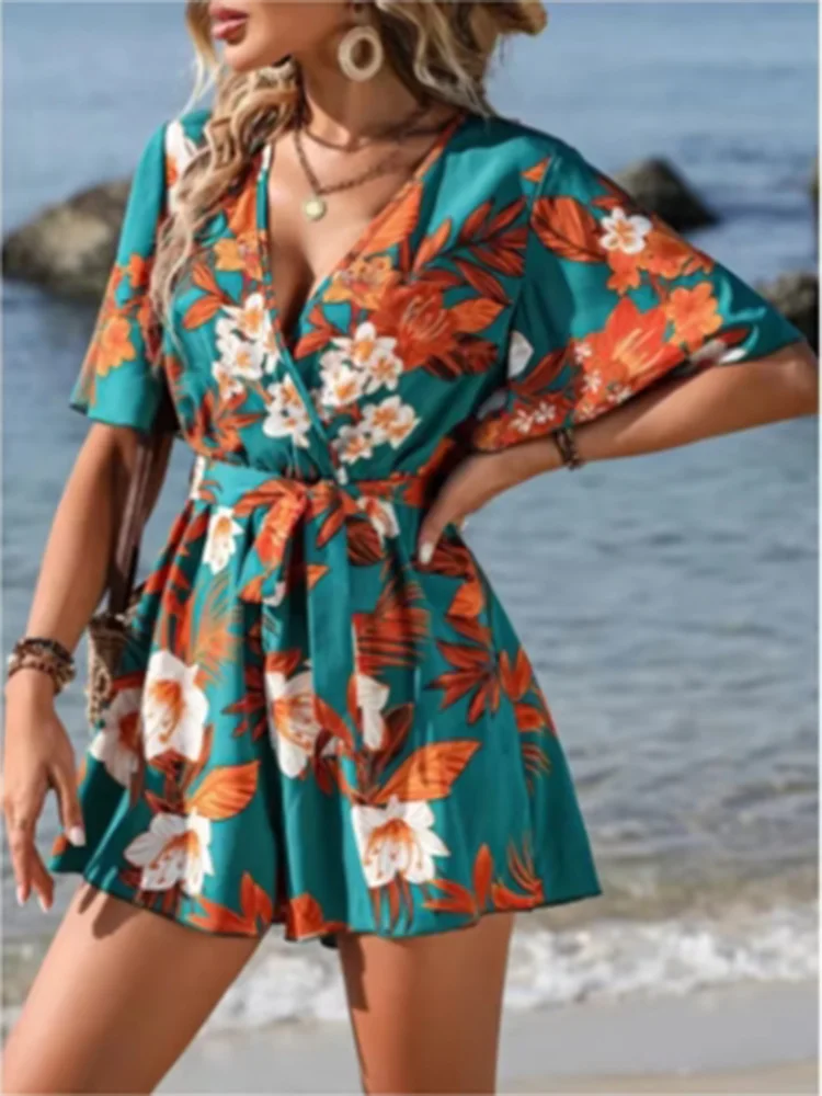 Printed V-neck Short Sleeve Jumpsuit Loose High Waisted Jumpsuit Beach Vacation Comfortable Clothes