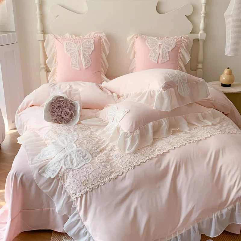 Three-dimensional Embroidery Lace Washed Cotton Quilt Cover Chiffon Soft /Breathable Bed Sheet Bedding Four Piece Set