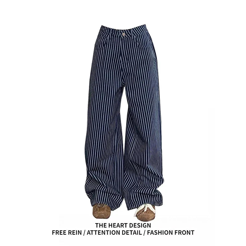 Y2K Vintage 90s Blue Striped High Waist Wide Leg Pants Long Loose Korean Trousers Full Length Bottom Jeans Pants