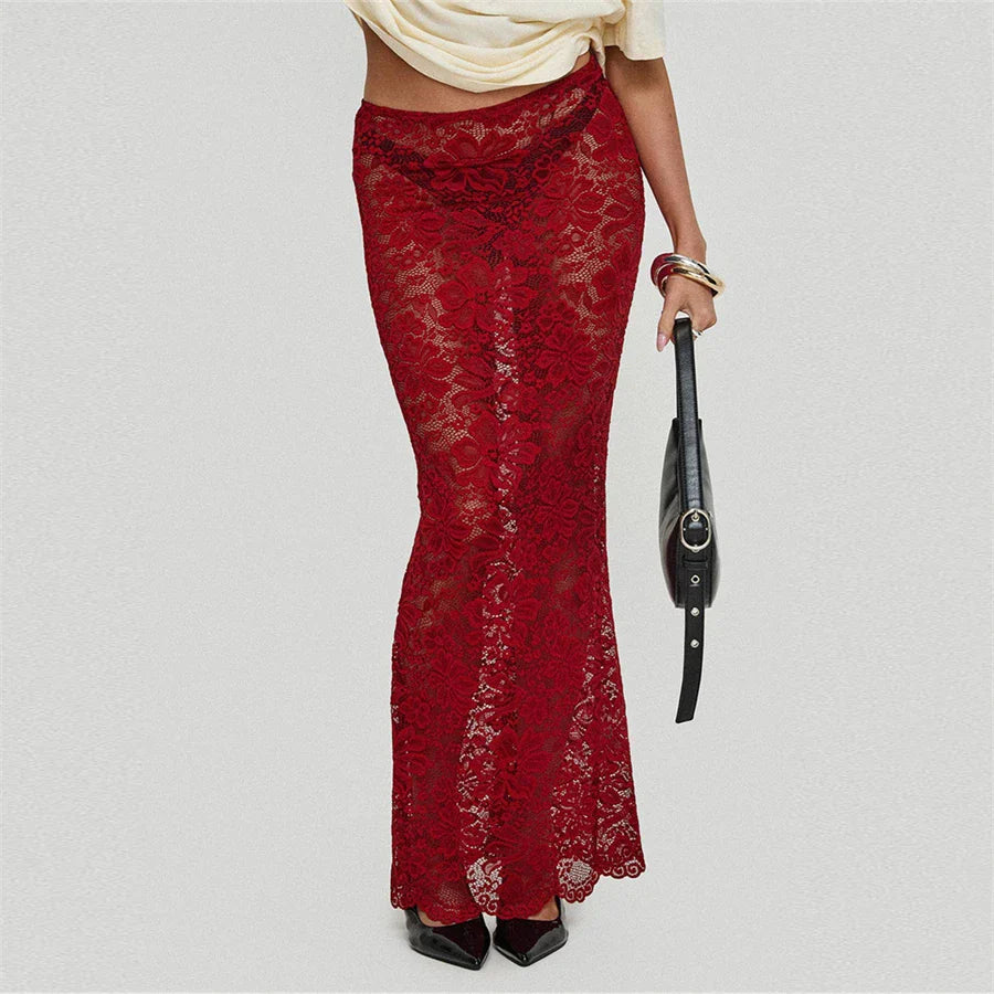 Sheer Lace Floral Long Skirt See-Through Low Rise Wrap Bodycon Skirts