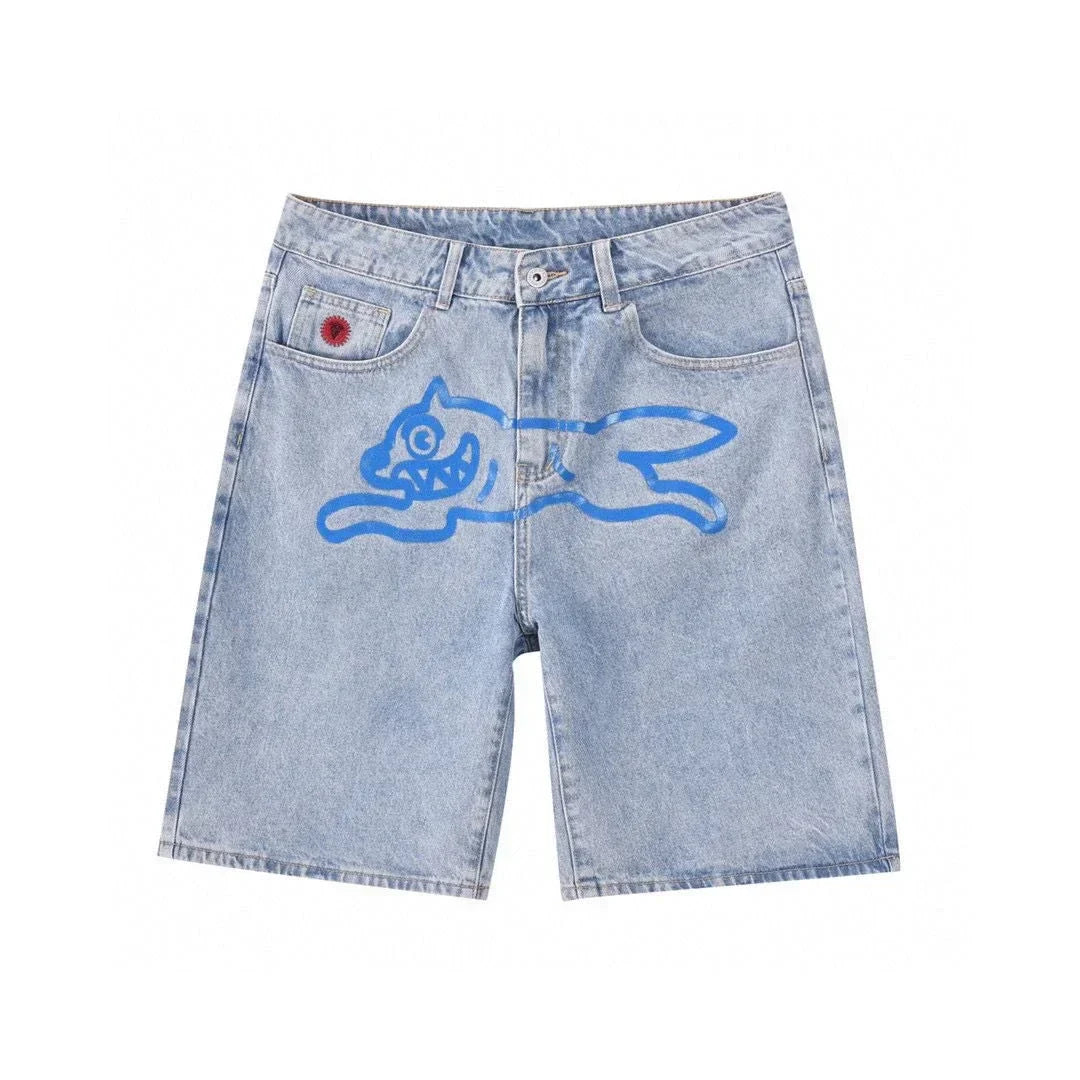 Y2k Harajuku Hip-Hop Gothic Colored Flying Dog Printed Denim Shorts High Street Loose Casual Straight Cropped Jeans