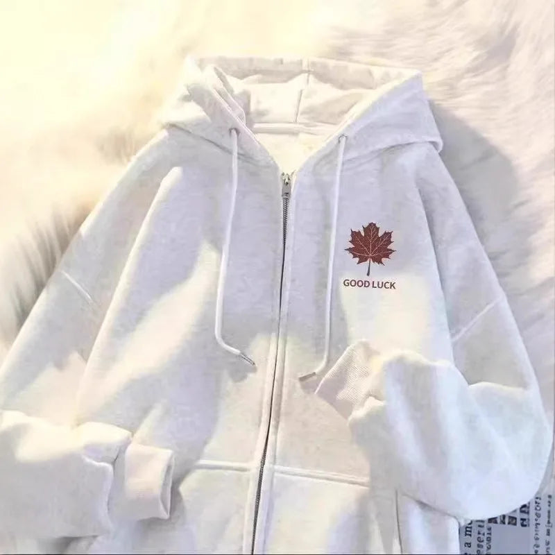 Style Maple Leaf Print Unisex Oversized Versatile Zipper Casual Outerwear Polyester Comfortable Leisure Coat