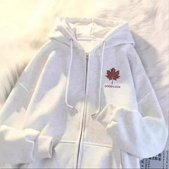 Style Maple Leaf Print Unisex Oversized Versatile Zipper Casual Outerwear Polyester Comfortable Leisure Coat