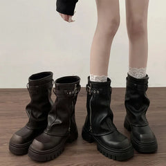 Biker Boots Belt Buckle Ladies Elegant Platform Flats Short Booties Casual Knight Booties