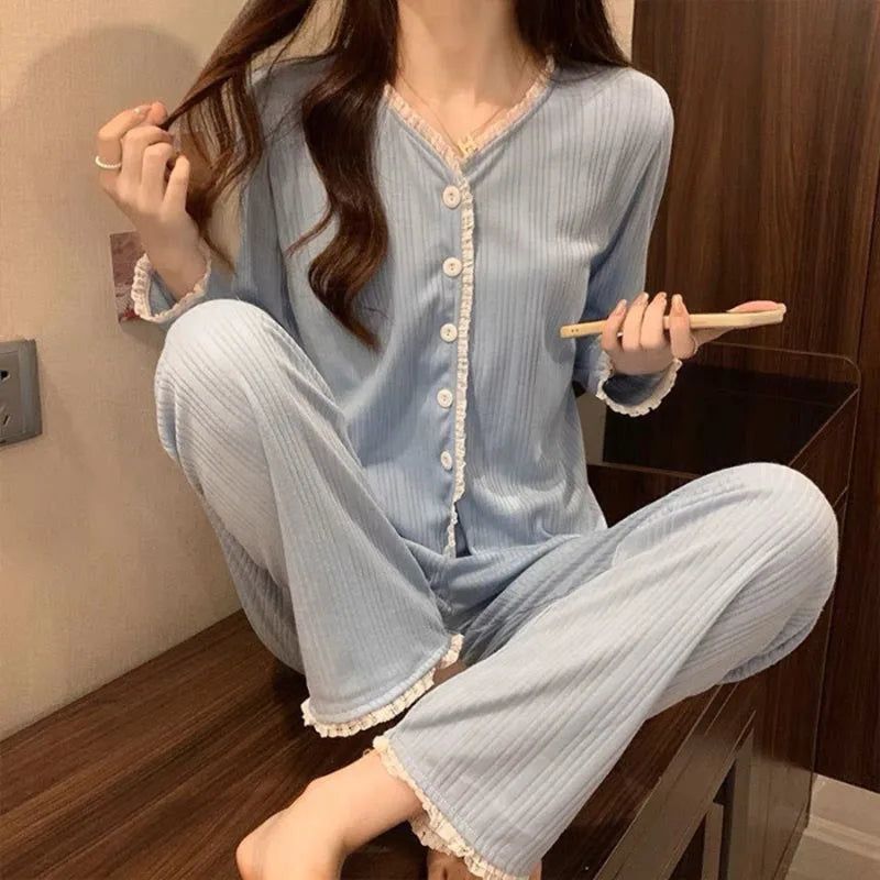 Floral Long Sleeve Fitting Sleepwear Two-piece Set Lace Trim Cotton Pajama Cute Casual Outable Home Suit Set