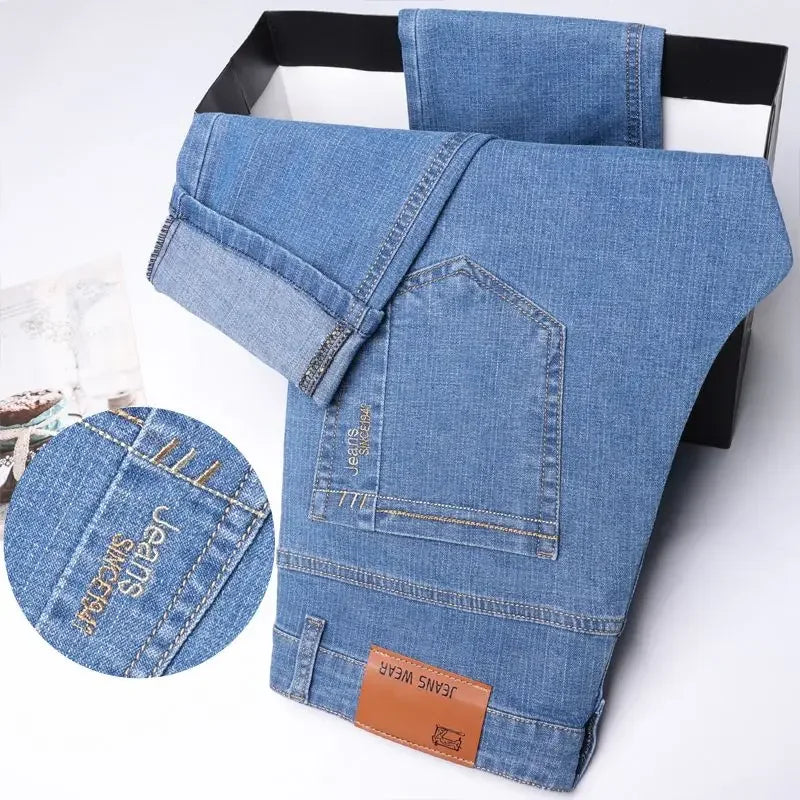 Light Blue Comfort Soft Jeans Thin Straight Business Denim Pants Breathable Cotton Casual Stretch Work Trousers