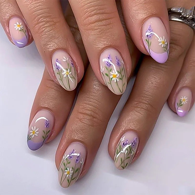 24Pcs Matte Almond False Nails with Glue Glitter Butterfly Fake Nail Press Ons Black Gradient Artificial Nail Tips