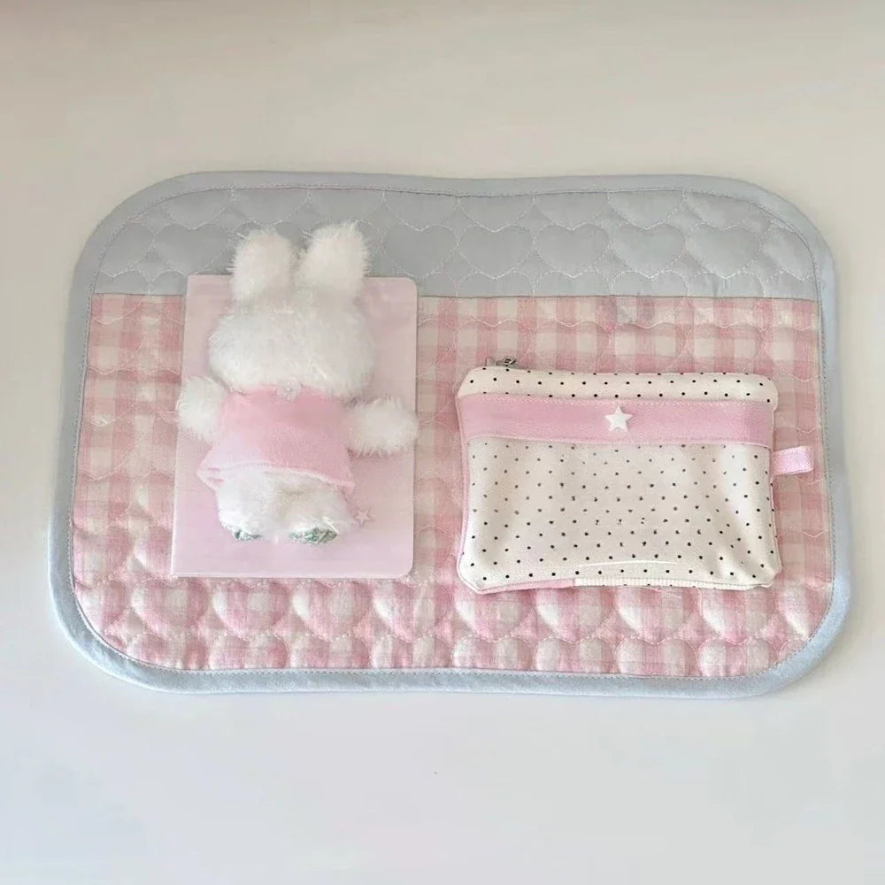 Cute Pink Love Quilted Japanese Style Ancient Table Mat Tablecloth Ins Style Student Desk Material Heart Shaped Table Mat