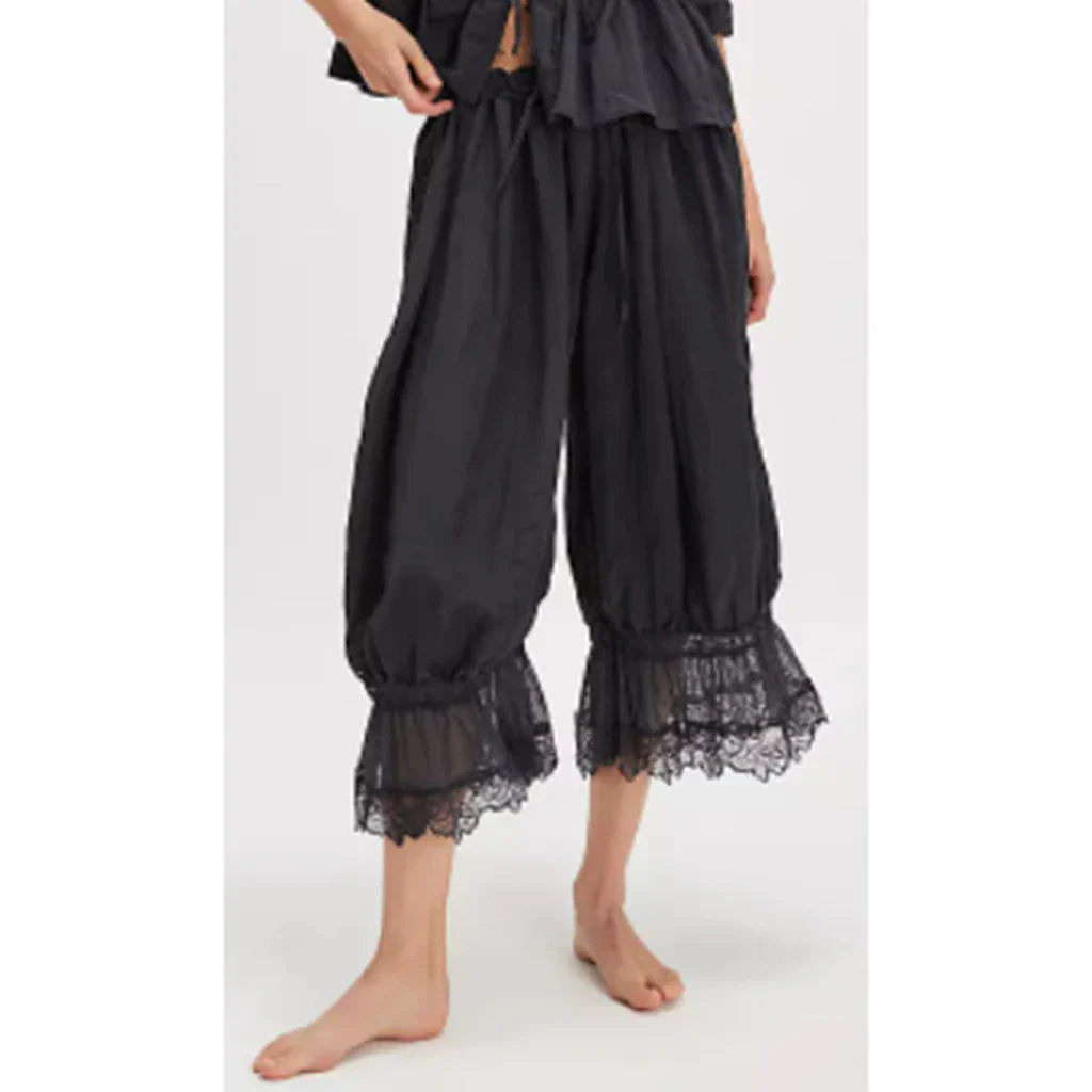 Combhasaki Y2K Loose Fit Bloomers Cropped Pants Drawstring High Waist Floral Lace Patchwork Calf-Length Lantern Trousers