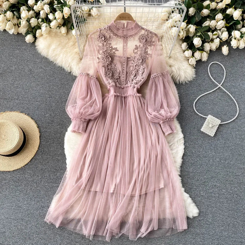 Ladies Dress Three-dimensional Flower Hook Mesh Temperament Stand Collar Lantern Sleeve High Waist Slim Dresses