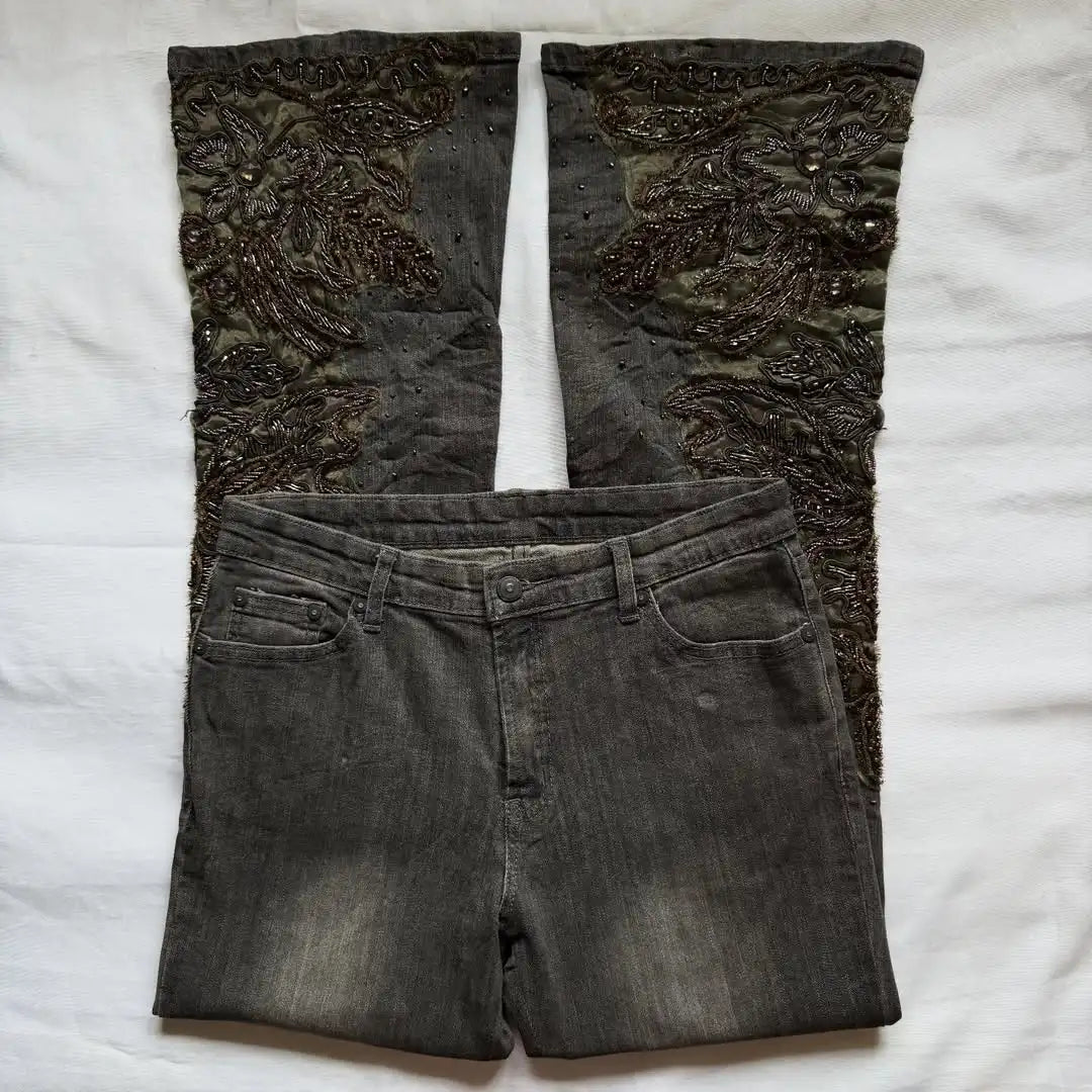 Solid Color Washed Geometry Floral Embroidery Element Baggy Wide-leg Jeans Commute Korean Style Straight-leg Jeans