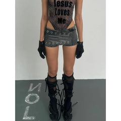 Punk high street solid color design high-end sense hole denim skirts