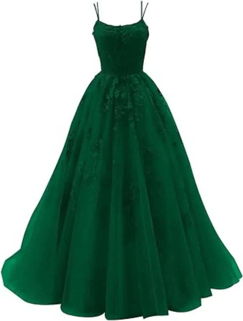 Tulle Spaghetti Straps Prom Dresses Long Lace Appliques Ball Gowns