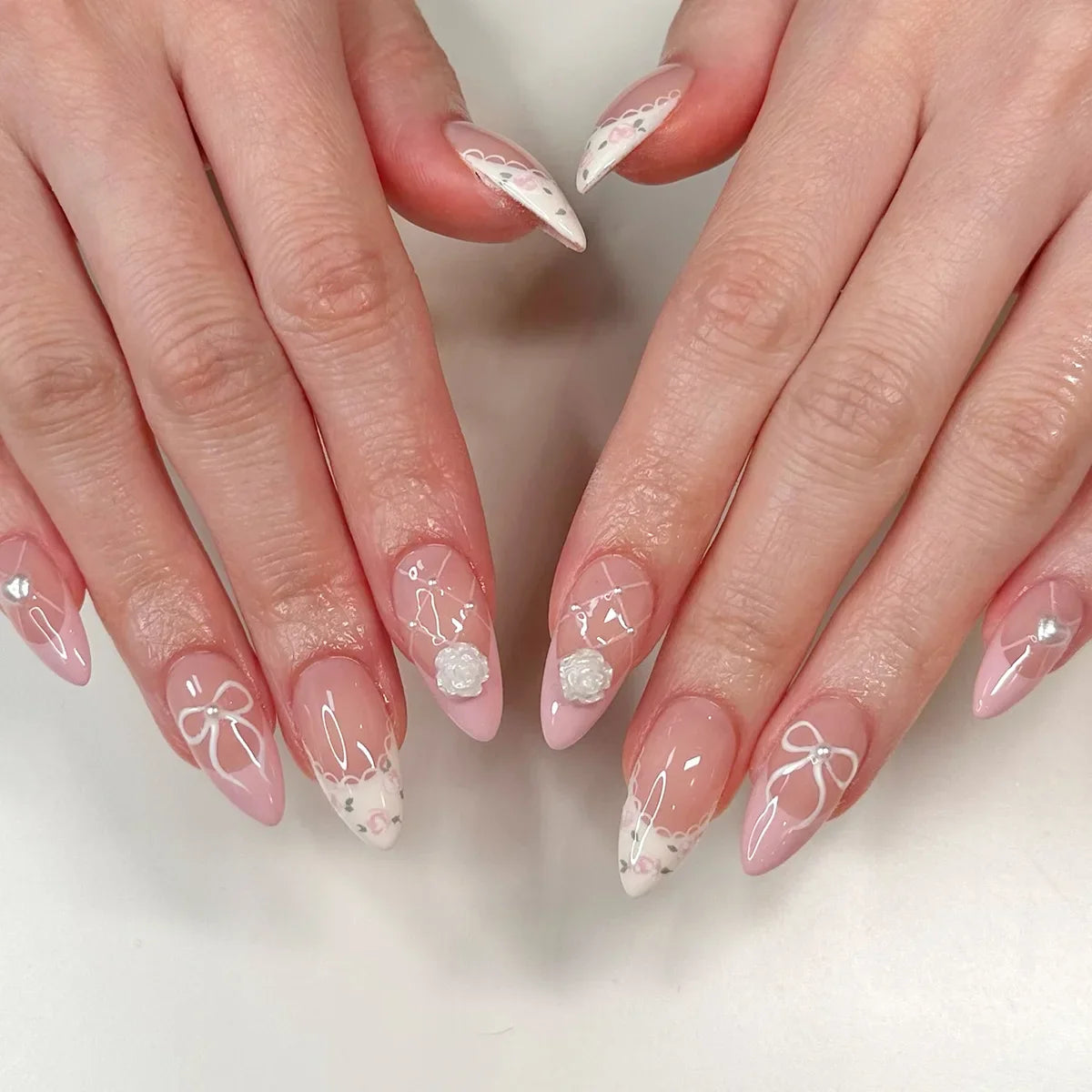 24PCS Wine Red Almond Press on Nails Cartoon Rabbit Bowknot with Plaid Pearl Designs French Fake Nails