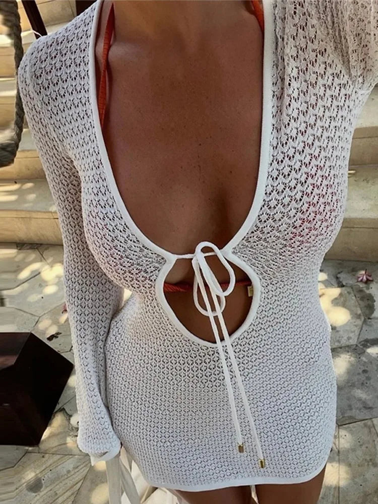Knitted Short Dresses Hollow Out Full Sleeve See Through Lady Mini Dress Chic Elegant Beach Slim Robes