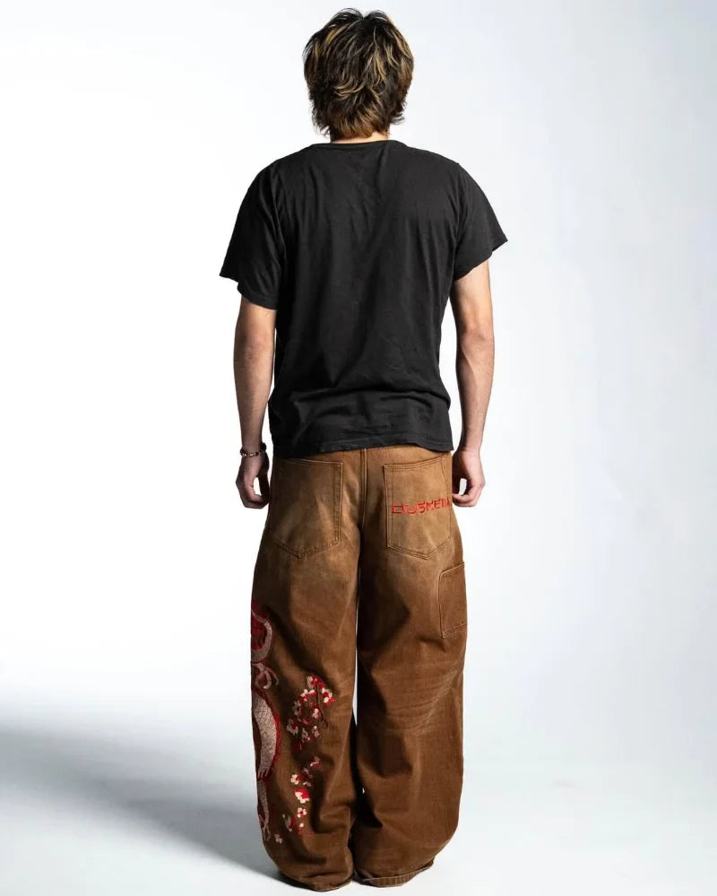 Brown Baggy Harajuku Wide Leg Jeans Dragon