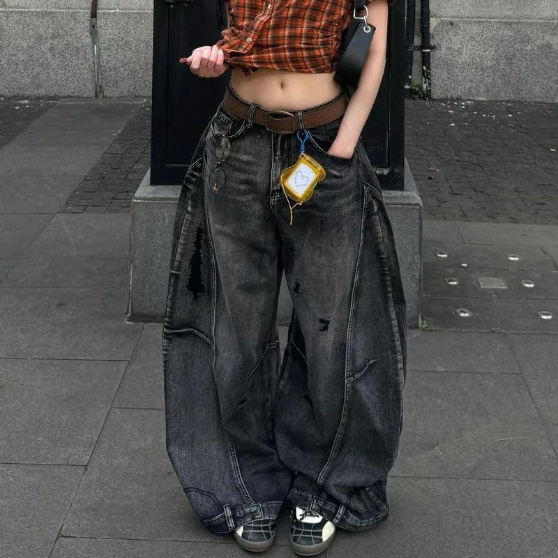 American Street Hip Hop Black Wash Machete Jeans Y2K Retro Old Ripped Loose Spice Girls Harajuku Casual Wide Leg Jeans