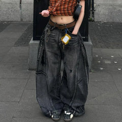 American Street Hip Hop Black Wash Machete Jeans Y2K Retro Old Ripped Loose Spice Girls Harajuku Casual Wide Leg Jeans