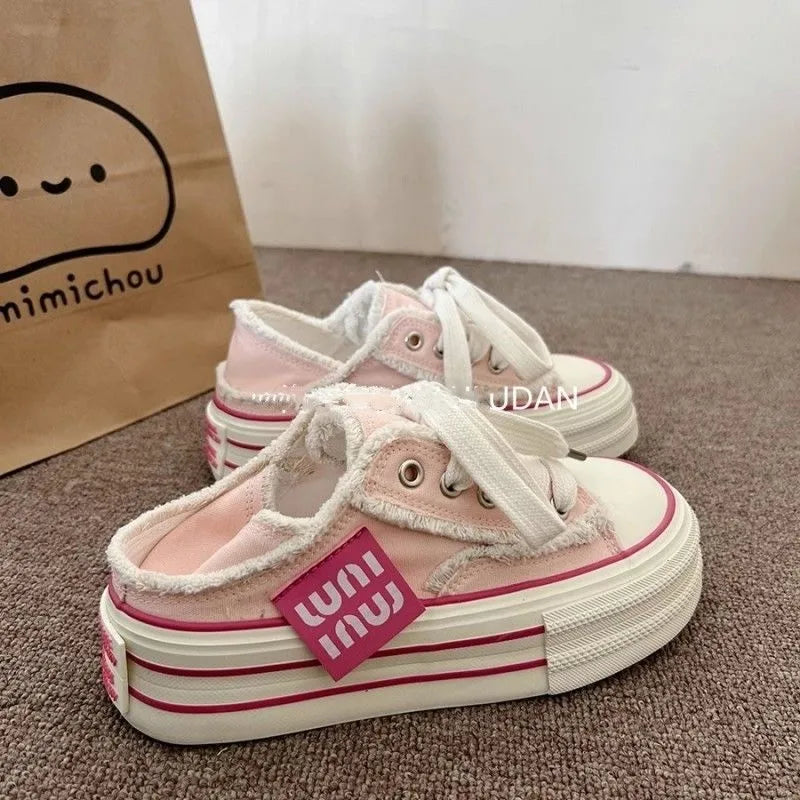 Casual Height Increasing Platform Canvas Shoes Outer White Sneakers Slipper Slip on Sandals Vulcanize Shoes