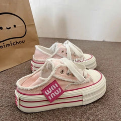 Casual Height Increasing Platform Canvas Shoes Outer White Sneakers Slipper Slip on Sandals Vulcanize Shoes