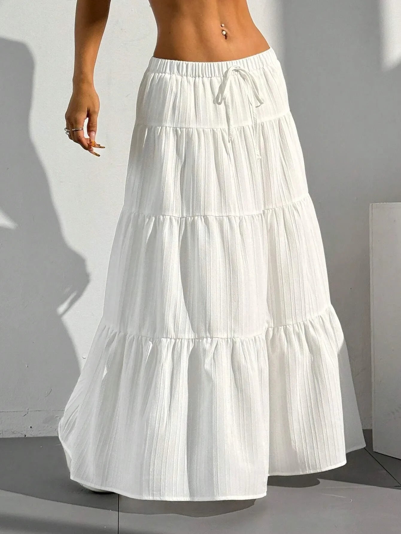 Loose Long Skirts White Solid Basic Lace Up Bow Cake Dress Casual Sweet Office Lady Clothes