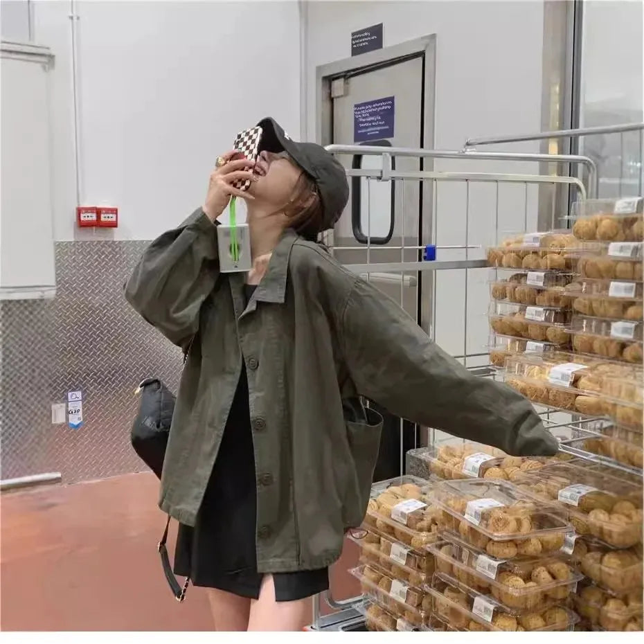 VintageJacketLoose-Fit Long Sleeve Versatile Slimming Student Work Windbreaker Trendy Korean Style Season