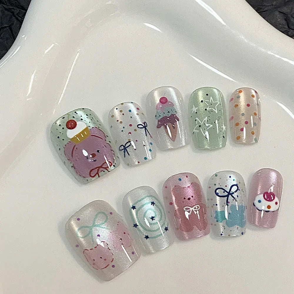 10Pcs Wearable Cat Eyes Series Short Square Press On Nails Kawaii Cartoon Cat Rabbit Rhinestone Gradients Full Cover False Nails