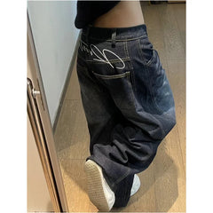 Black Jeans High Waist Vintage Design Hip Hop Straight Baggy Denim Pants Street Y2K American Style Wide Leg Denim Trouser