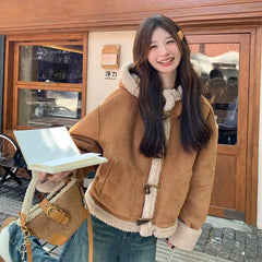 Horn Button Hooded Lamb Fur Coat Clothing Coats Loose Thick Suede Brown Short Jacket
