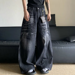 Korean Vintage Jeans Lightning Pattern Design Loose Straight Leg Pants Casual Black Pants