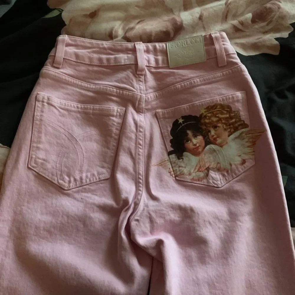 Y2K Light Pink Baggy Straight Leg Jeans Clothing Harajuku Classic Angel Graphic Printed Trousers Gothic High Waist Pants