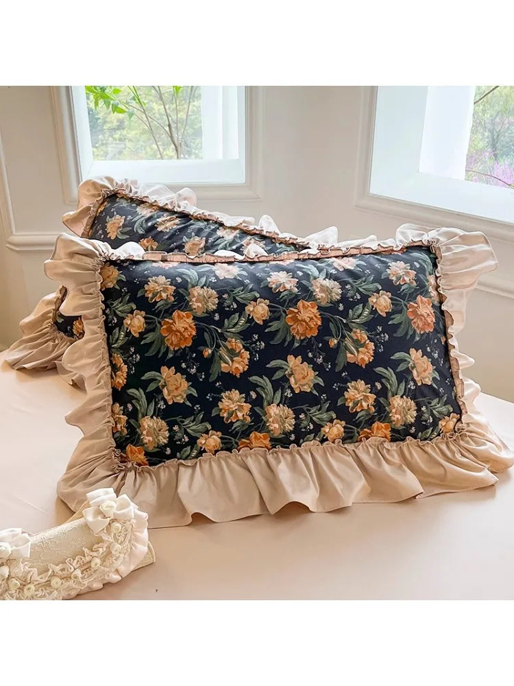 1 Piece Ins Romantic Pillowcase Princess Ruffle Pillow Cover Cotton Cloth Print Pillow Case Floral Design Cushion Covers