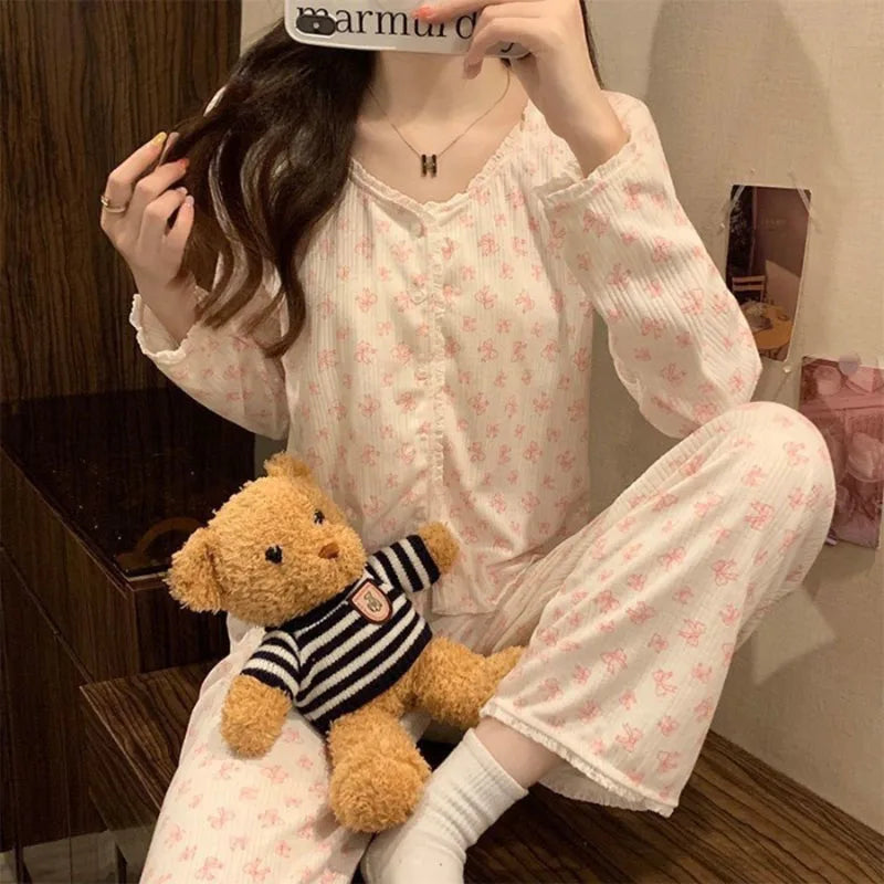 Floral Long Sleeve Fitting Sleepwear Two-piece Set Lace Trim Cotton Pajama Cute Casual Outable Home Suit Set